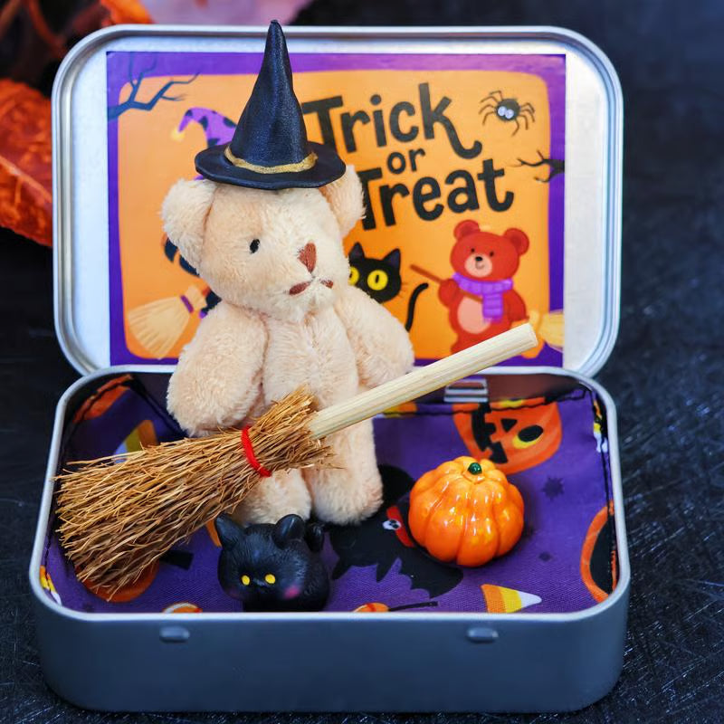 🎃🧸Cute Halloween Teddy Bear in a Box with wizard hat, Broom, Pumpkin & Cat🌟👻