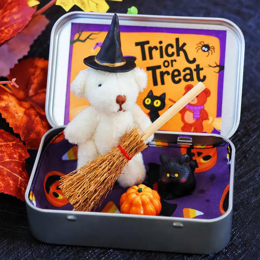 🎃🧸Cute Halloween Teddy Bear in a Box with wizard hat, Broom, Pumpkin & Cat🌟👻 2